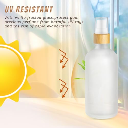 6 Pack 3.4 Oz White Frosted Glass Spray Bottle,Empty Perfume Fine Mist Atomizer,Natural Bamboo Pump Head Travel Liquid Holder Containers for Cologne,Essential Oils,Body Sprays-Funnel&Pipette Included3