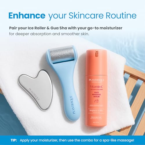 Image of PLANTIFIQUE Stainless Steel Gua Sha and Ice Roller for Face & Body - Cooling Facial Tool Set to Reduce Puffiness, Improve Lymphatic Drainage & Soothe Skin