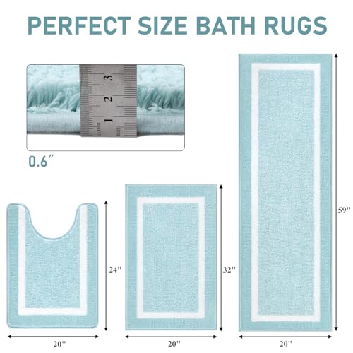 Pauwer 3-Piece Bathroom Shower Rug Set with U-Shaped Contour Toilet Mat, Absorbent Microfiber Plush Bath Mats, Non-Slip, Machine Washable Shaggy Bathroom Floor Mats, Light Blue