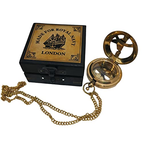 Brújula de bolsillo vintage de latón con caja de madera miniatura 5