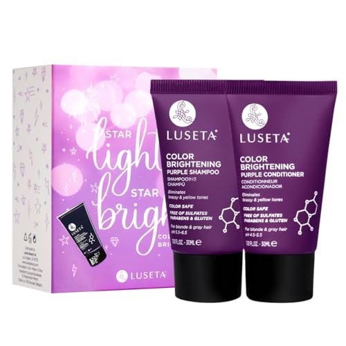 Image of Luseta Color Brightening Purple Travel Shampoo and Conditioner Mini Kit for Blonde, Silver and Gray Hair - Brassiness Neutralizer for Highlighted and Bleached Hair, 2x1.01oz Carry on Friendly