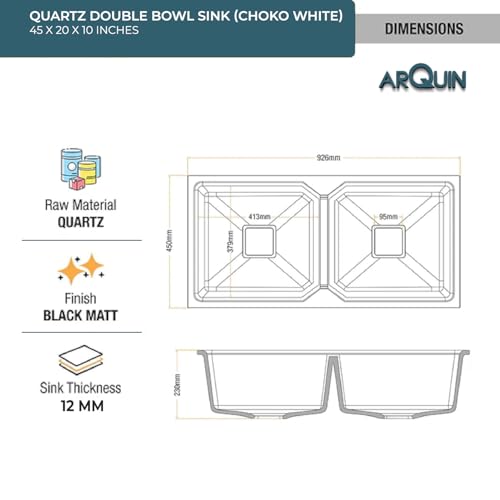 Image of ARQUIN Double Bowl Quartz Kitchen Sink 45x20x9 Inch Sand Choco | Undermount,Topmount | Including Coupling,Sink Connector,Waste Pipe & Fruit Washing Basket