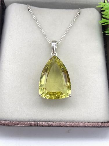 Natural Lemon Quartz Long Trillion Cut Large Pendant - 925 Sterling Silver Halo Pendant - Large gemstone pendant - Birthstone Pendant - Gift for her3