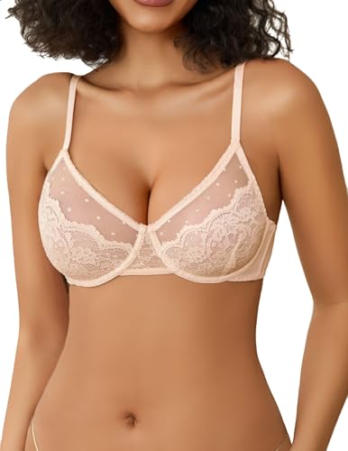 Avidlove Lace Bras for Women Sheer Balconette Underwire Unlined Everyday Bras Lingerie Champagne M