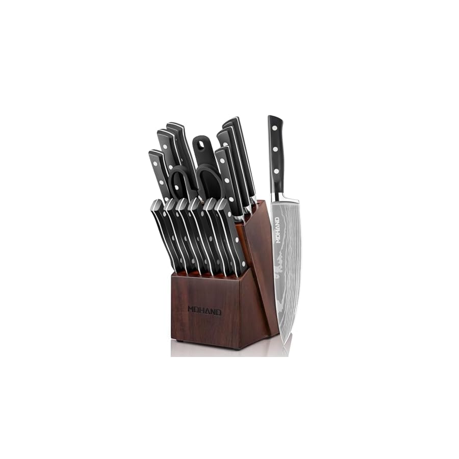 MDHAND-Knife-Set-with-Block-15-Pieces-Professional-Chef-Knife-Set-Forged-High-Carbon-Stainless-Steel-Sharp-Blade-with-Wood-Block-Kitchen-Knife-Set-with-Sharpener-Anti-slip-Handle-Dishwasher-Safe 15 Pieces Professional Chef Knife Set