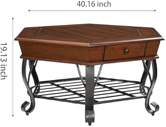 2 Tier Retro Hexagon Wood Coffee Table with Metal Leg, Farmhouse Mid-Century Coffee Table with Storage Shelf ＆ Drawer for Living Room(40" Dx40 Wx19 H)