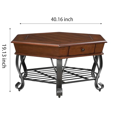 2 Tier Retro Hexagon Wood Coffee Table with Metal Leg, Farmhouse Mid-Century Coffee Table with Storage Shelf ＆ Drawer for Living Room(40" Dx40 Wx19 H)