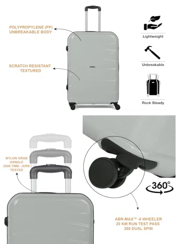 Image of Teakwood Medium Check in Size 8 Wheels Trolley Bag, Hard Cabin with Zipper Closure, Adjustable Push Button & TSA Lock System 360 Degree (Medium, Silver)