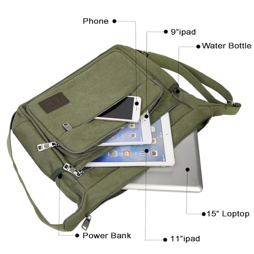 JAKAGO Wasserdichte Umhängetasche Herren,Multi-Tasche aus Segeltuch 15 Zoll Messenger Bag Arbeit Taschen für Herren & Damen,für Schule Reisen Arbeiten täglicher Gebrauch, Grün