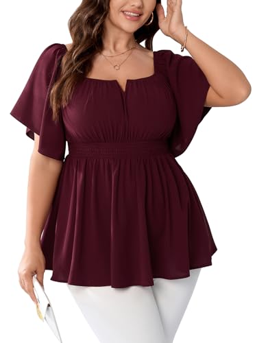 SCOMCHIC Womens Plus Size Peplum Tops Off The Shoulder Blouses Smocked Ruffle Babydoll Summer Top