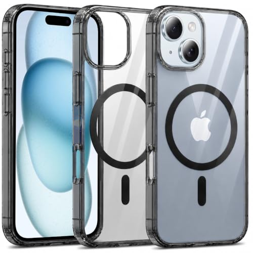 Image of Elzzi Anti Scratch Semi Transparent Cover for iPhone 15 Case, Premium PC + TPU Magnetic Phone Cases Drop Proof,Compatible with Magsafe Slim Anti Yellowing Never Yellowing Shockproof, (Grey)