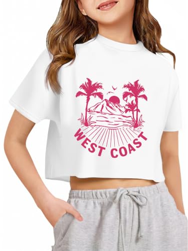 Image of Girls Athletic Oversized Crop Tops Kids Drop Shoulder Short Sleeve T Shirts Workout Tees 5-14 Years