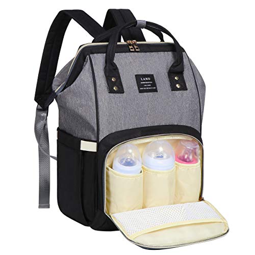 Landuo Diaper Bag Multi-Function Waterproof Travel Backpack Nappy Bags for Baby Care, Large Capacity, Stylish and Durable (Grey-Black)