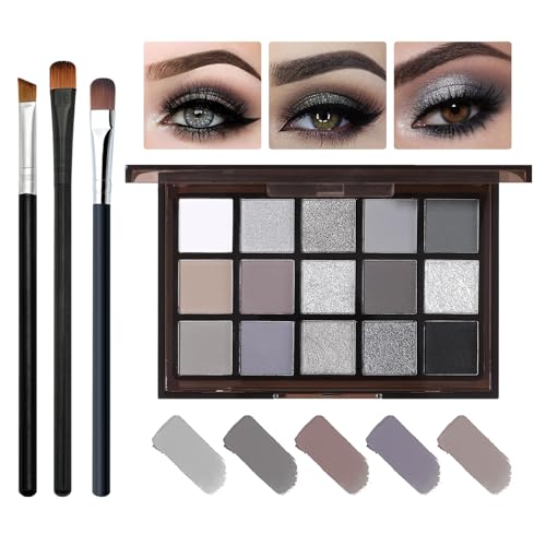 Black Smokey Grey Eyeshadow Palette 15 Colors Shimmer Matte Eye Shadow Makeup Palette Colorful Long Lasting High Pigmented Dark Grey Glitter Eyeshadow Palette for Daily Goth Makeup and Halloween