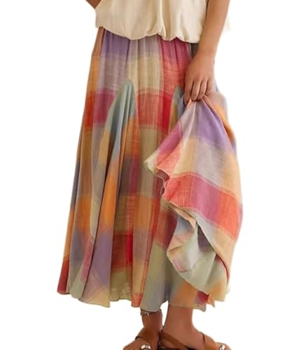 Women Multicolor Plaid Maxi Skirt Color Block Gingham Ruffle Hem Elastic Waist Flowy Skirt Summer Casual Wear