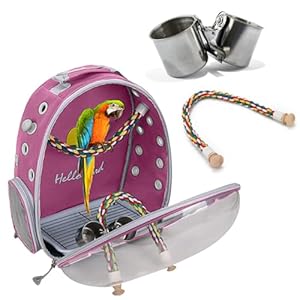 PETCUTE Multifunktionaler Rucksack für Vögel mit Holzstab, Leichte Träger Vogel Transporttasche, Papageien Reiserucksack mit Edelstahl-Tablett und Stehstange, Vogel Transportbox-Rosa