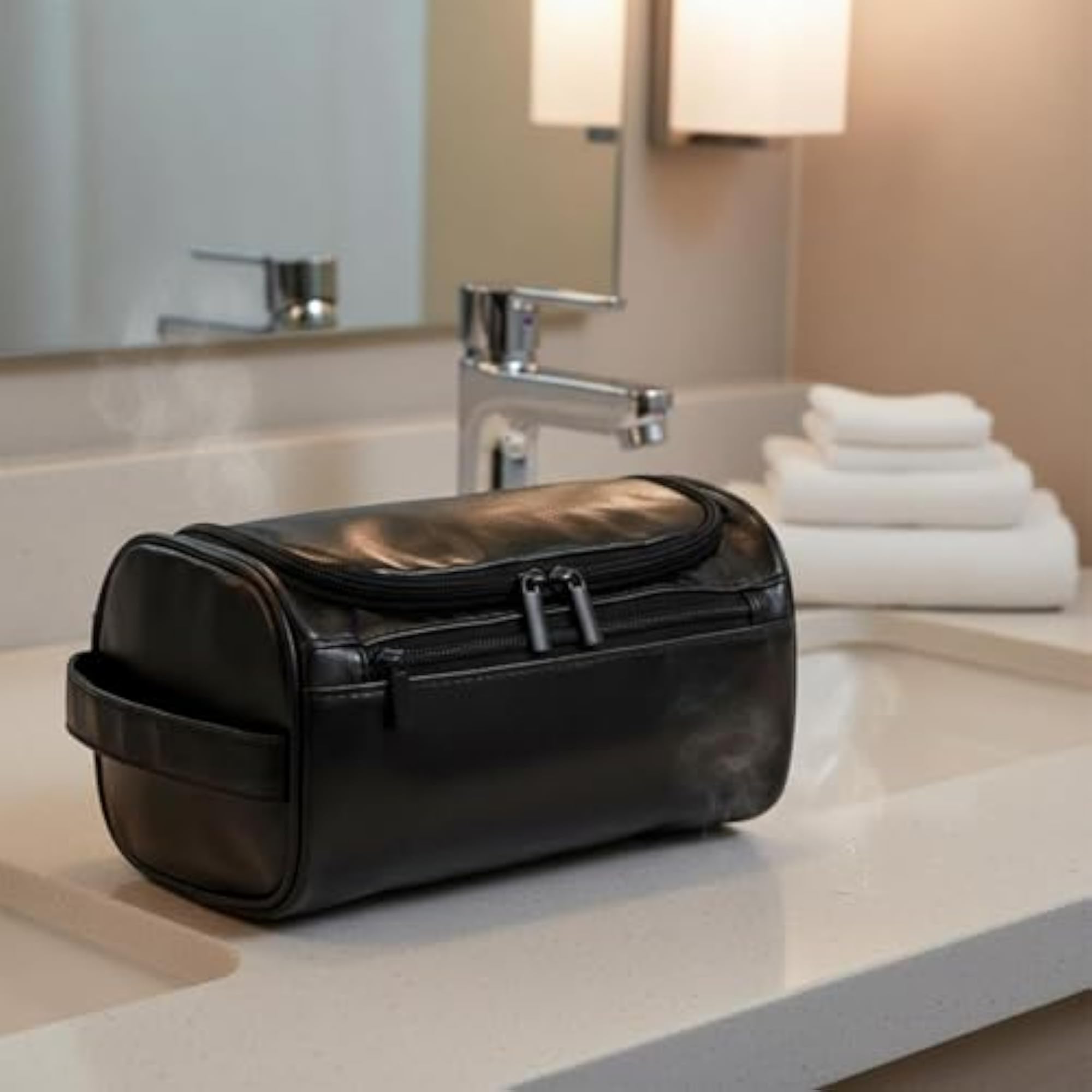 Multi-Compartment Hanging Toiletry Bag for Travel, PU Leather Wash Bag
