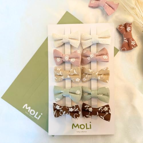 10 PCS 2'' Baby Hair Bow Clips Set Handmade Fully Lined Alligator Clips Floral Embroidered Cotton Fabric Gental for Baby Girls Toddler Fine Hair...