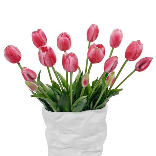LINSIE 15 Pcs Deep Pink Artificial Tulips Fake Flowers Premium Latex Lifelike Texture UV Resistant Waterproof Faux Tulip Bouquets with Snap-on Petals for Outdoor Home Wedding Decor