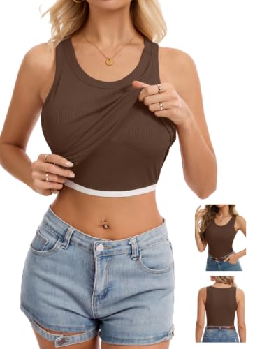 Humordream Women Built-in Bra Tank Tops Sleeveless Racerback Fitted Ribbed Basics Cami Shirts Coffee