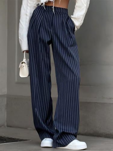 Conshvi Elastic High Waisted Palazzo Pants for Women Casual Striped Plus Size Wide Leg Long Lounge Pant Trousers with Pocket2