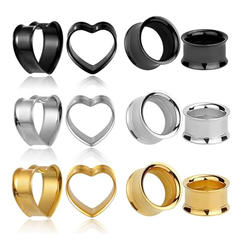GUSXPPD 6 Paar Edelstahl Ohr Tunnel Set Stahl Flesh Double Flared Plug Herz für Frauen und Männer (8MM)