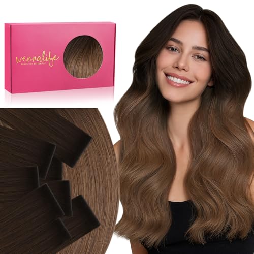 Image of WENNALIFE Invisi Edge Tape in Hair Extensions Human Hair | 20 Inch 50g 20pcs Ombre Dark Brown to Light Chestnut Brown Invisi Remy Hair tensions Seamless Injected Tape Ins Straight