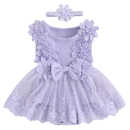 IDOPIP Newborn Girls Sleeveless Floral Tutu Romper Dress Infant Birthday Cake Smash Outfit Lace Ruffle Knitted Mesh Dress Flower Girl Wedding Party Baptism Dress with Headband Purple 12-18 Months