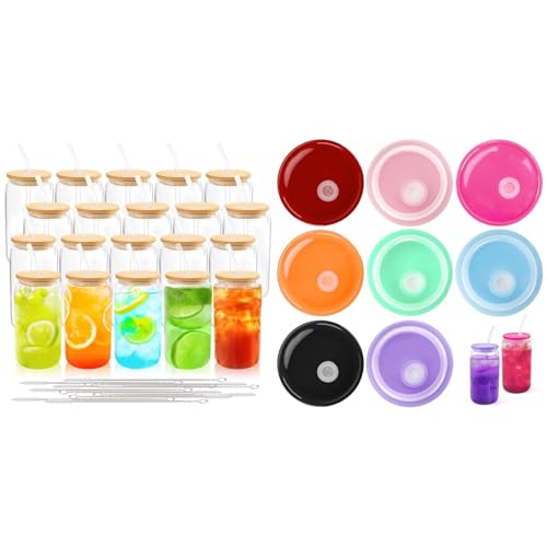 Joyclub Bundle of 20 Set 16oz Glass Cups with Bamboo Lids and Glass Straws and 8 Pack Acrylic Lids for 16 oz / 20 oz Glass Cups