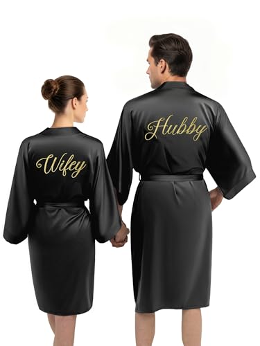 AW BRIDAL Husband and Wife Robes Set fo 2 for Married Couple, Matching Silk Bathrobe for Women Men, His and Her Satin Bath Robe for Bride and Groom, Anniversary Wedding Gifts, Black