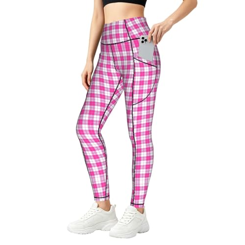 Leggings a cuadros rojos de mujer con bolsillos que estilizan la figura en el gimnasio diario
