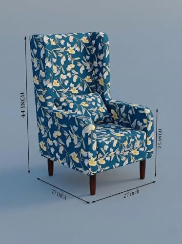 Image of WELL KNOWN Wooden Wing Chair with Ottoman Stool | Wingback for Living Room | High Density Foam | Accent Chair for Seating, Home Decor Furniture | (Blue Magnolia, with Ottoman)