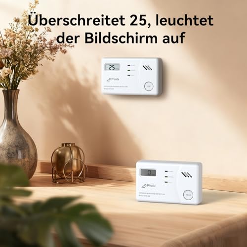 CPVAN Kohlenmonoxid Melder mit 10 Jahre Sensor, TÜV Zertifiziert CO Melder mit Austauschbarer Batterie und Digitalem Display, CO Warner mit Testknopf, Europäische Norm EN50291,1er Set