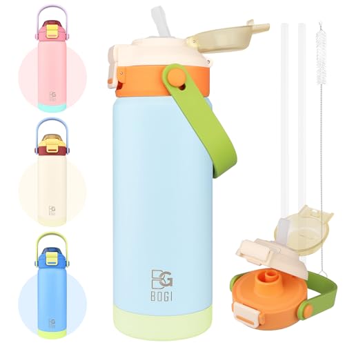 BOGI Botella de agua de metal con popote, botella de agua de acero inoxidable de 720 ml para deportes, viajes, gimnasio, botella de agua aislada a prueba de fugas con tapa dúo 2 en 1 para niños y