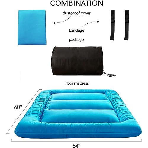 Image of MAXYOYO Japanese Floor Mattress Futon Mattress, Thicken Tatami Mat Sleeping Pad Foldable Roll Up Mattress Boys Girls Dormitory Mattress Pad Kids Floor Lounger Couches and Sofas, Turquoise, Full