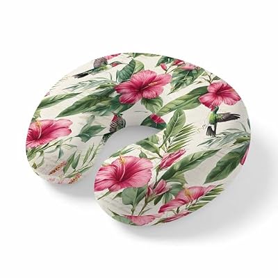 Travel Pillows U-Shaped Neck Pillow Rustic Hibiscus Flower Hummingbird Ergonomic Memory Foam Pillow Head Cushion,Summer Floral Leaf Bird Soft Portable Neck Pillows for Office Airplane Car Train