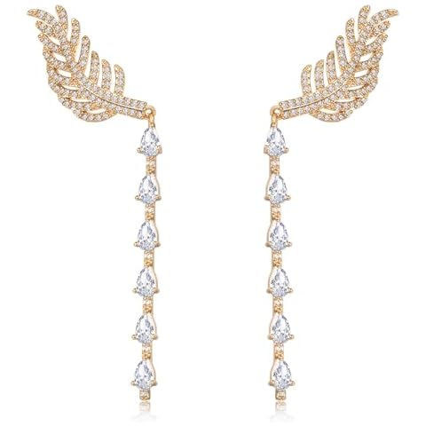 Leaf Crystal Teardrop Dangle Drop Earrings for Women Cubic Zirconia Rhinestones Ear Climber Long Tassel Wedding Bridal Earrings for Women (Gold) Cover