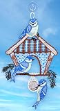 Winterlichen Fensterbild Blaumeisen am Futtterhaus aus feinster Plauener Spitze für Ihre Fensterdekoration im Winter, Advent und der Weihnachtszeit in Wohnzimmer, Esszimmer, Kinderzimmer, Küche oder Diele