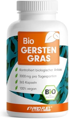 Bio Gerstengras Kapseln 365x - mit 3000 mg hochwertigem Gerstengras-Pulver aus kontrolliert biologischem Anbau - laborgeprüft mit Zertifikat - Vorratspackung für 60 Tage