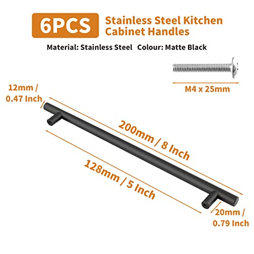 Cjueiom Matt Black Cupboard Handles, 128mm Hole Center T Bar Knobs, 6Pack Stainless Steel Drawer Pulls - Image 3