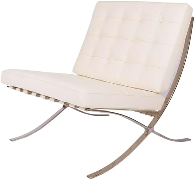 LeisureMod Bellefonte Modern Lounge Chair & Ottoman Set, Ivory Leather/Wool Cushions, Stainless Steel Frame, Living Room, Office Seating