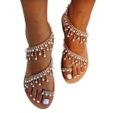 Gyios Chanclas Sandalias De Correa Tobillo La Perla Boquilla Las Mujeres, Zapatos Planos Bohemios Pie Abierto, Boda Strass para El Uso Diario Fiesta Playa-brown-41
