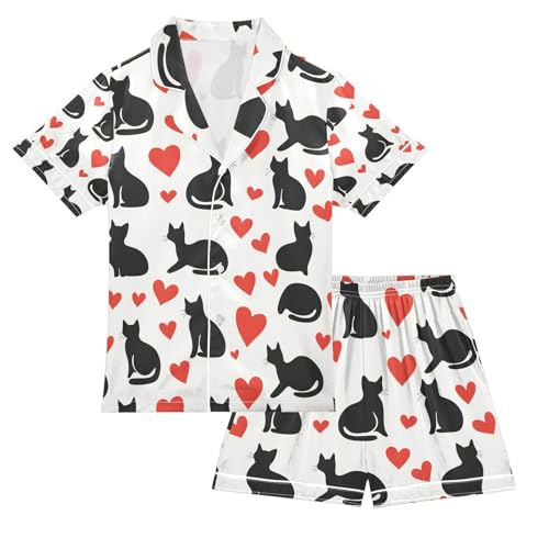 senya Silhouette Cats Hearts Satin Summer Pajama Sets Silk Short Sleeve Button Down Sleepwear