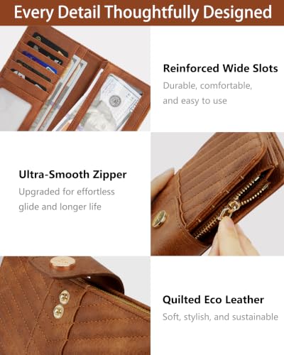 Image of Brown Women's Trifold Wallet,Large Capacity RFID Long Wallet | 16 Card Slots,2 ID Windows,4 Bill Compartments,Vegan Leather,Double Zipper Pockets,Large Capacity Organizer