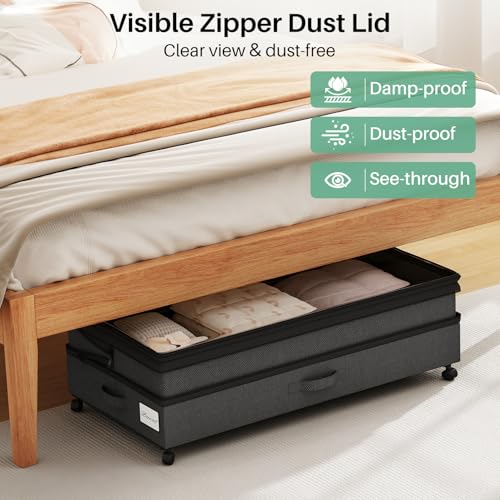 Image of Kitstorack 4 Pack Height-adjustable Under Bed Storage with Wheels, Under Bed Storage Containers,Under Bed Shoe Storage Organizer with Clear Window&Label, Suitable for Clothes Storage, Black