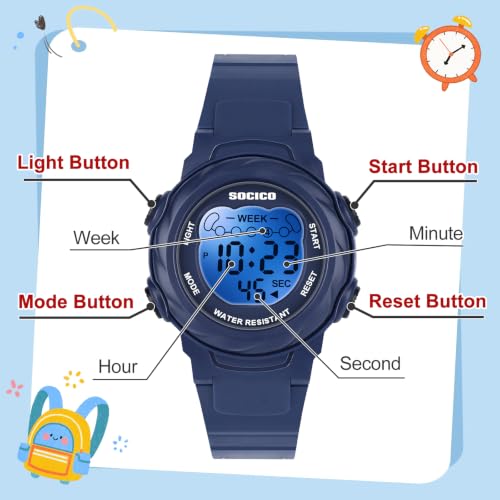Image of SOCICO Kids Digital Watch 50M Waterproof & 7 Color Lights for Boys Girls