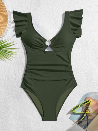 Image of Eomenie Womens Ruffled One Piece Swimsuit Slimming Tummy Control Bathing Suit V-Neck Cutout Swimwear for Resort Wear
