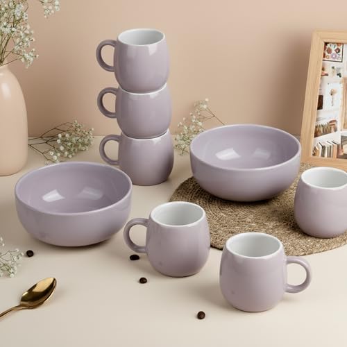 Image of The Earth Store Solid Lavender Snack Bowl & Tea Cup Combo | 2 Bowls 500ML & 6 Cups 190ML | Microwave & Dishwasher Safe - Multipurpose Combo for Gifting, Coffee, Snacks