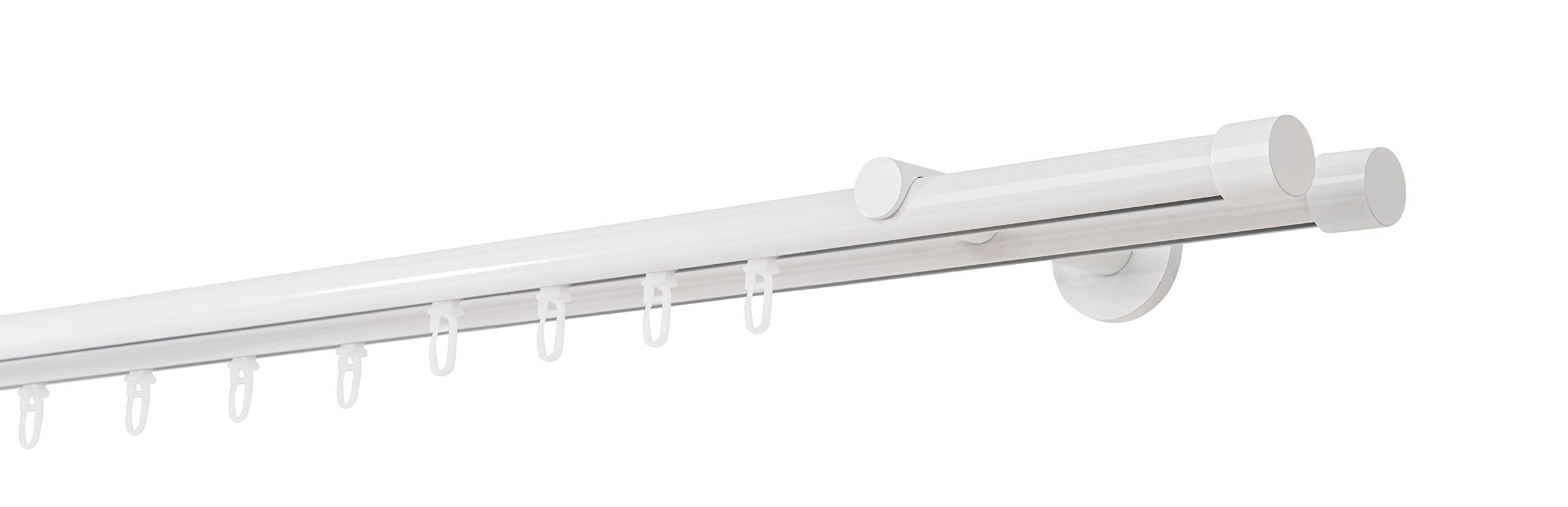 Gardinenstange auf Maß Innenlauf 20mm Cap 2-lauf Vorhangstange Wandträger 12cm Stilgarnitur mit Gleiter für Vorhänge Weiß 260cm