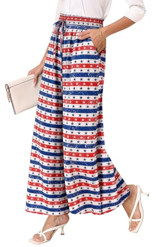 lionstill Palazzo Pants for Women Dressy High Waist Wide Leg Pants Casual Flowy Trousers with Pockets American Flag Stars M